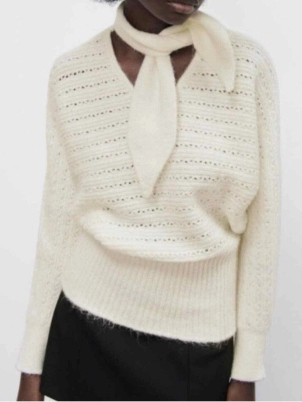 ZARA Cream Knit Sweater w/ Scarf Detail Dolman/Batwing Sleeve NWT Size Small